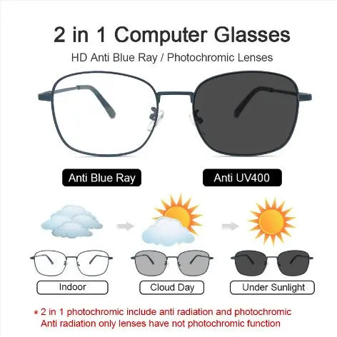 2-in-1 Photochromic Anti-Blue Light Glasses – Transition Sunglasses UV400 Square Metal Frame | Kabayan Merkado UAE