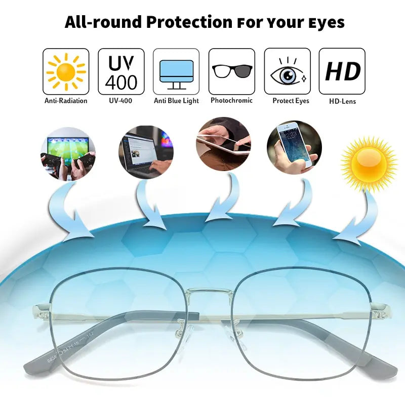 2-in-1 Photochromic Anti-Blue Light Glasses – Transition Sunglasses UV400 Square Metal Frame | Kabayan Merkado UAE